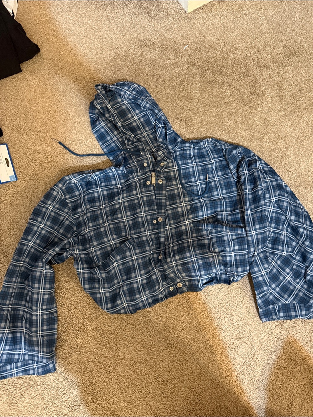 Blue Plaid cropped Hooded Jacket